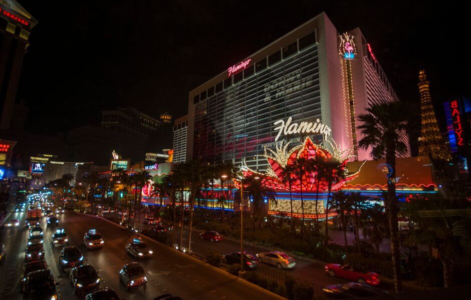 Aerial view of the Las Vegas Strip skyline with illuminated hotels at night