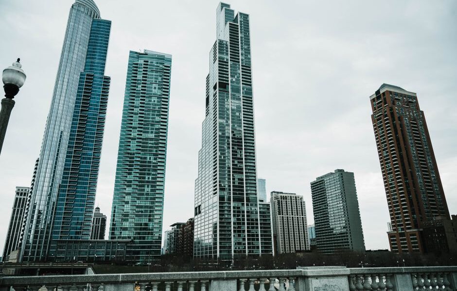 Modern apartment complex high rise building in downtown Chicago
