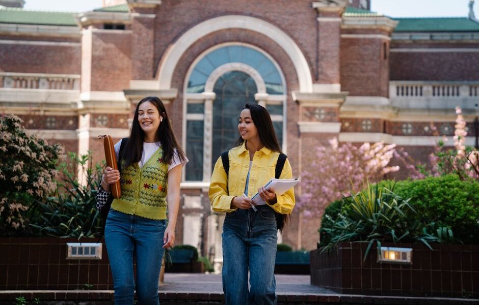 Students walking across a private school campus in Texas