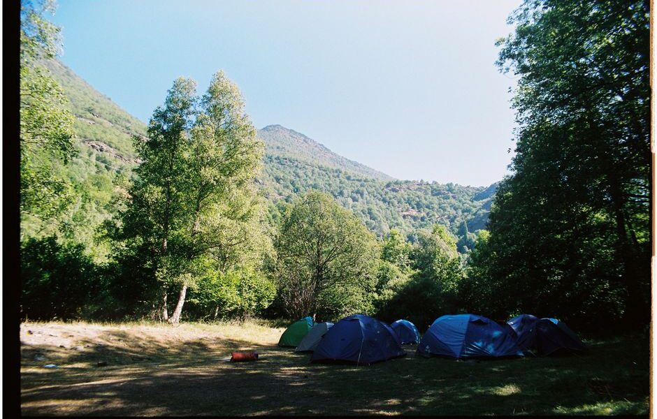 Tent campsite with mountain and forest views at a California campground