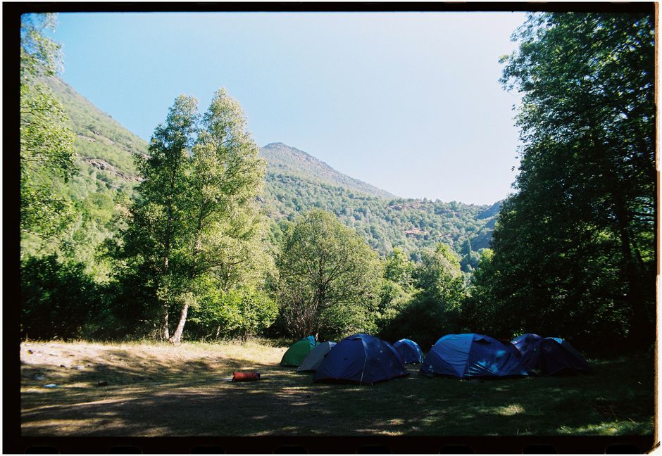 Tent campsite with mountain and forest views at a California campground